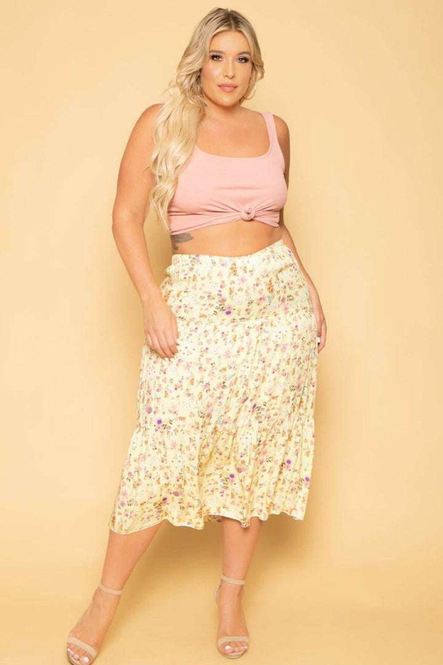 Bottoms * | Sky Plus Plus Size Floral Midi Skirt Yellow