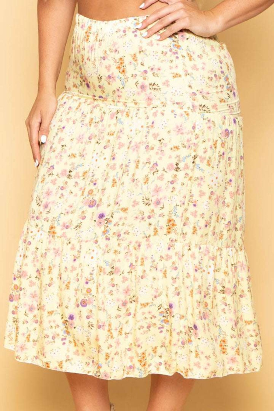 Bottoms * | Sky Plus Plus Size Floral Midi Skirt Yellow