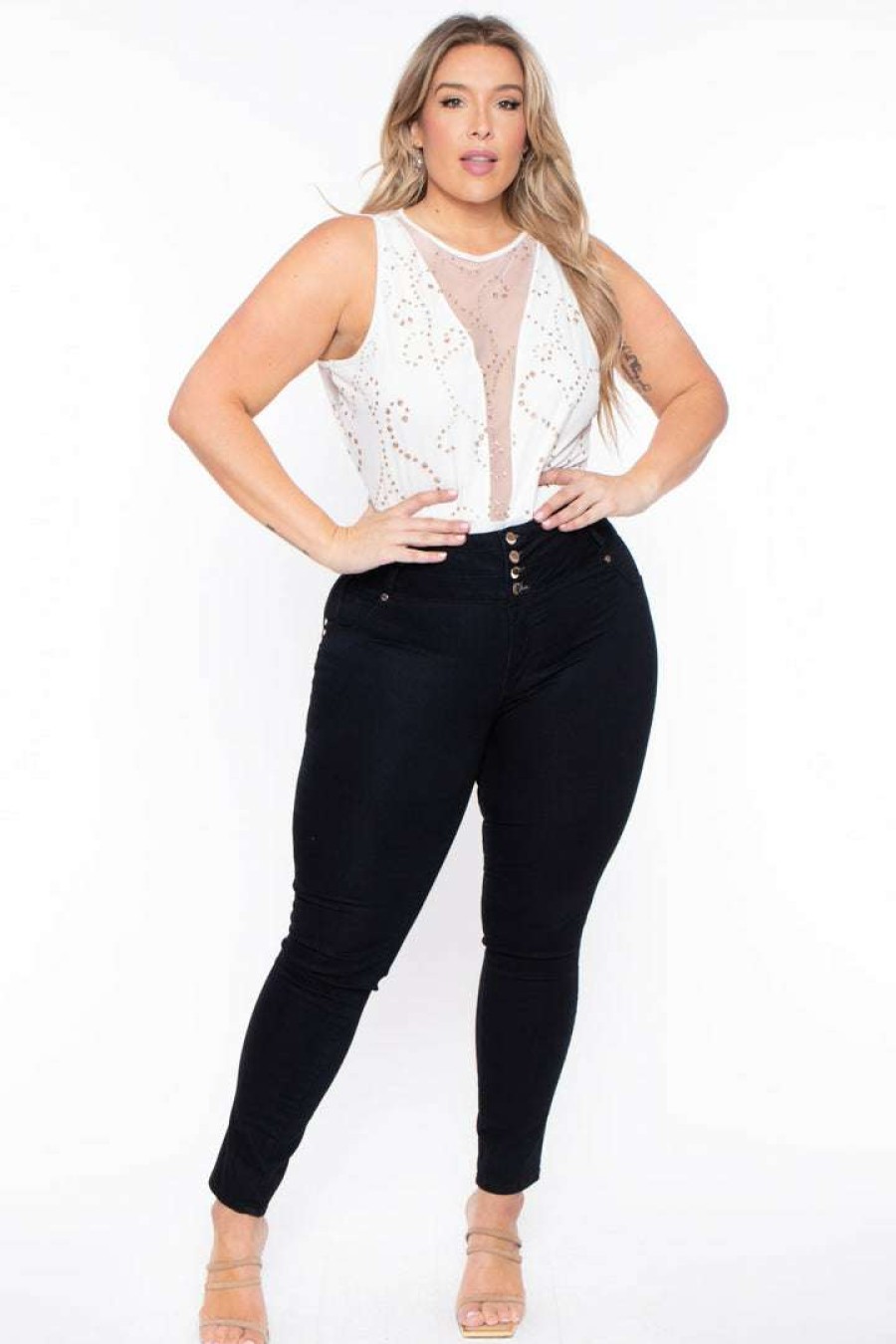 Tops * | Curvy Sense Bodysuits Plus Size Gia Glitter Sleeveless Bodysuit Ivory