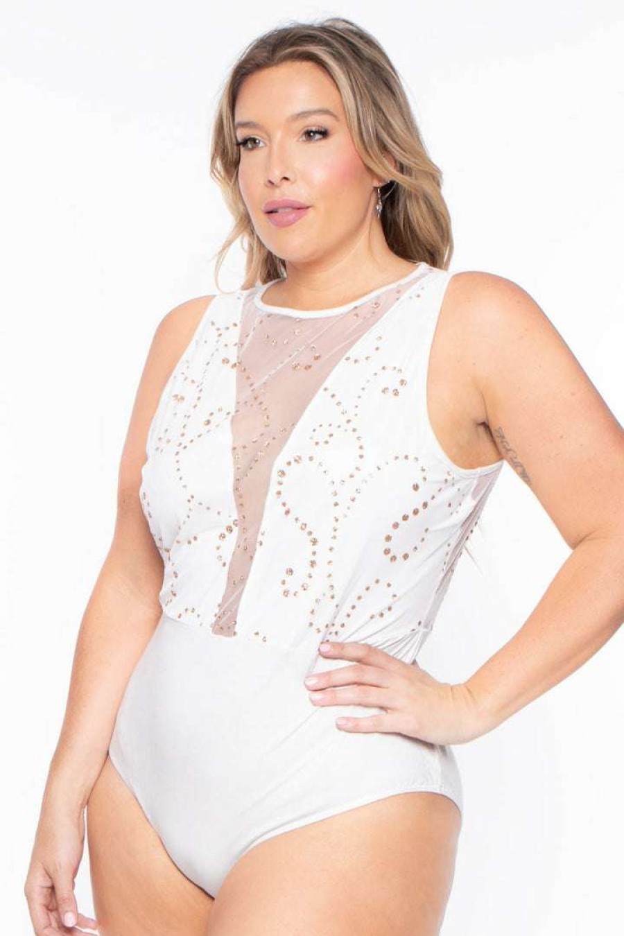 Tops * | Curvy Sense Bodysuits Plus Size Gia Glitter Sleeveless Bodysuit Ivory