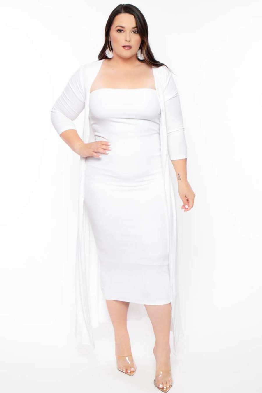 Sets * | Highlight Matching Sets Plus Size Cardigan And Dress Set White