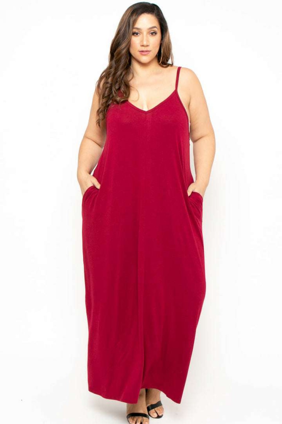 Dresses * | Zenana Dresses Plus Size Cami Strap Maxi Dress Burgundy