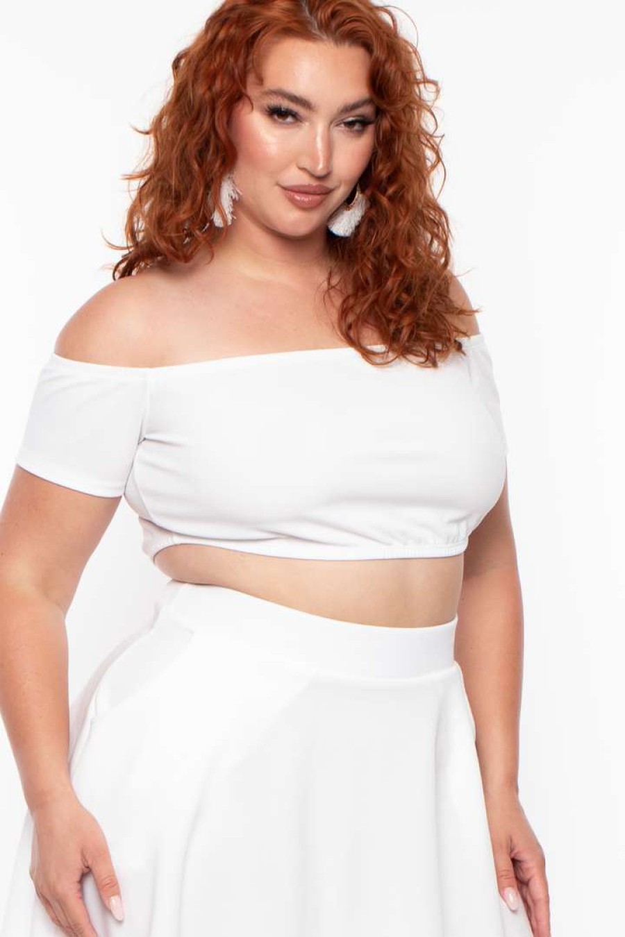 Sets * | Curvy Sense Plus Size Dioceline Off Shoulder Crop Top & Skirt Set Ivory