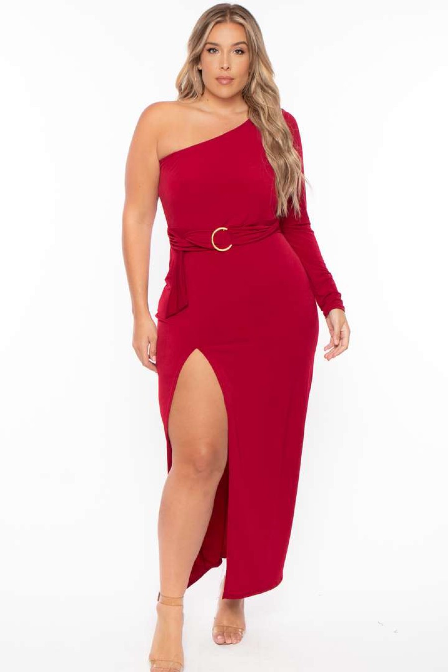 Dresses * | Curvy Sense Back In Stock Plus Size Alana Belted Dress Burgundy