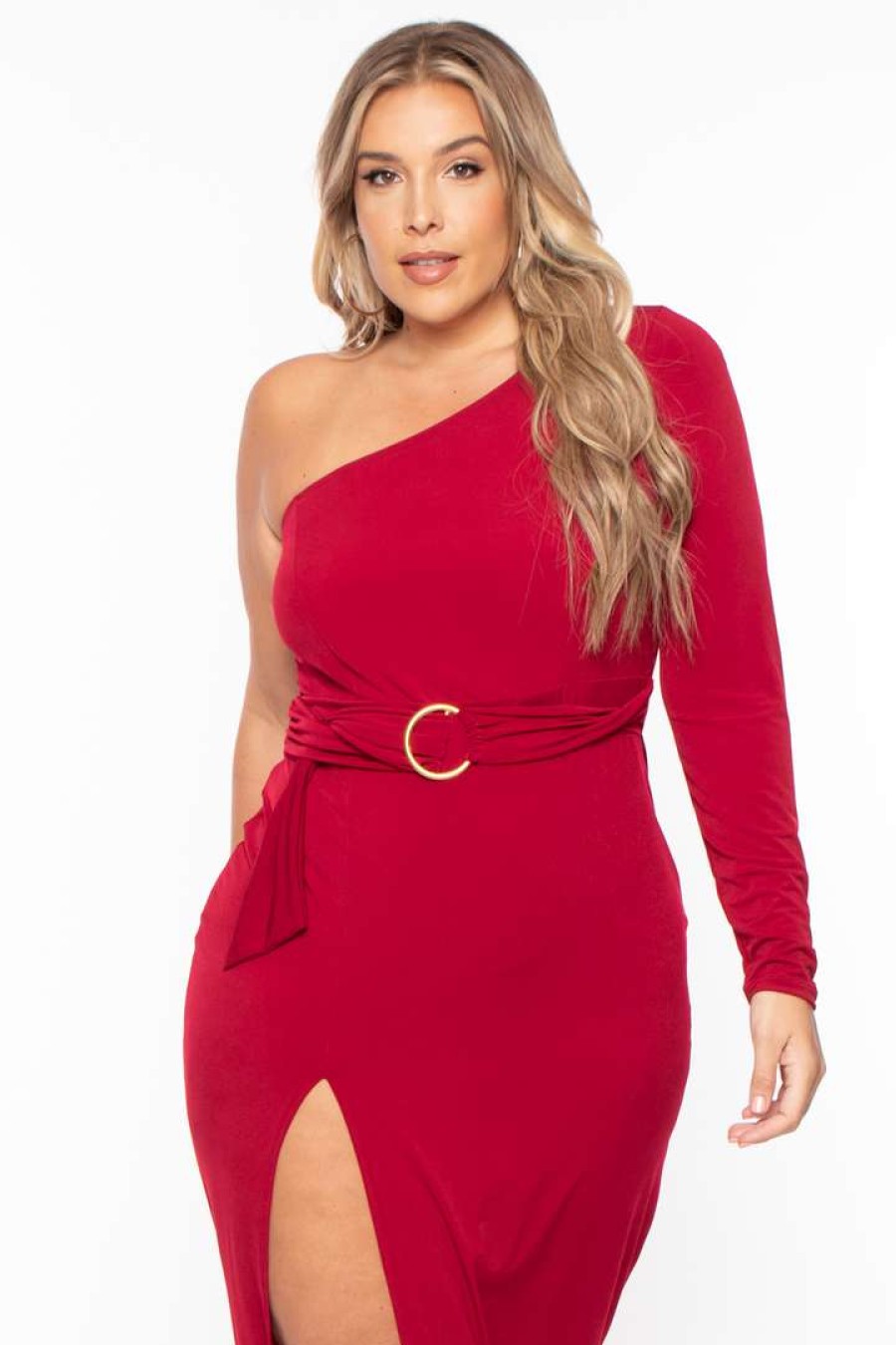 Dresses * | Curvy Sense Back In Stock Plus Size Alana Belted Dress Burgundy