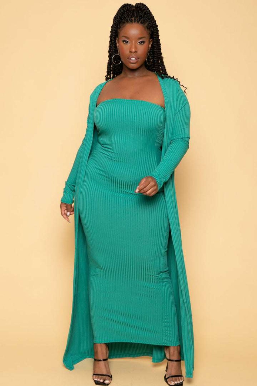 Sets * | Gibiu Plus Size Lizah Tube Dress And Cardigan Set New Arrivals Green