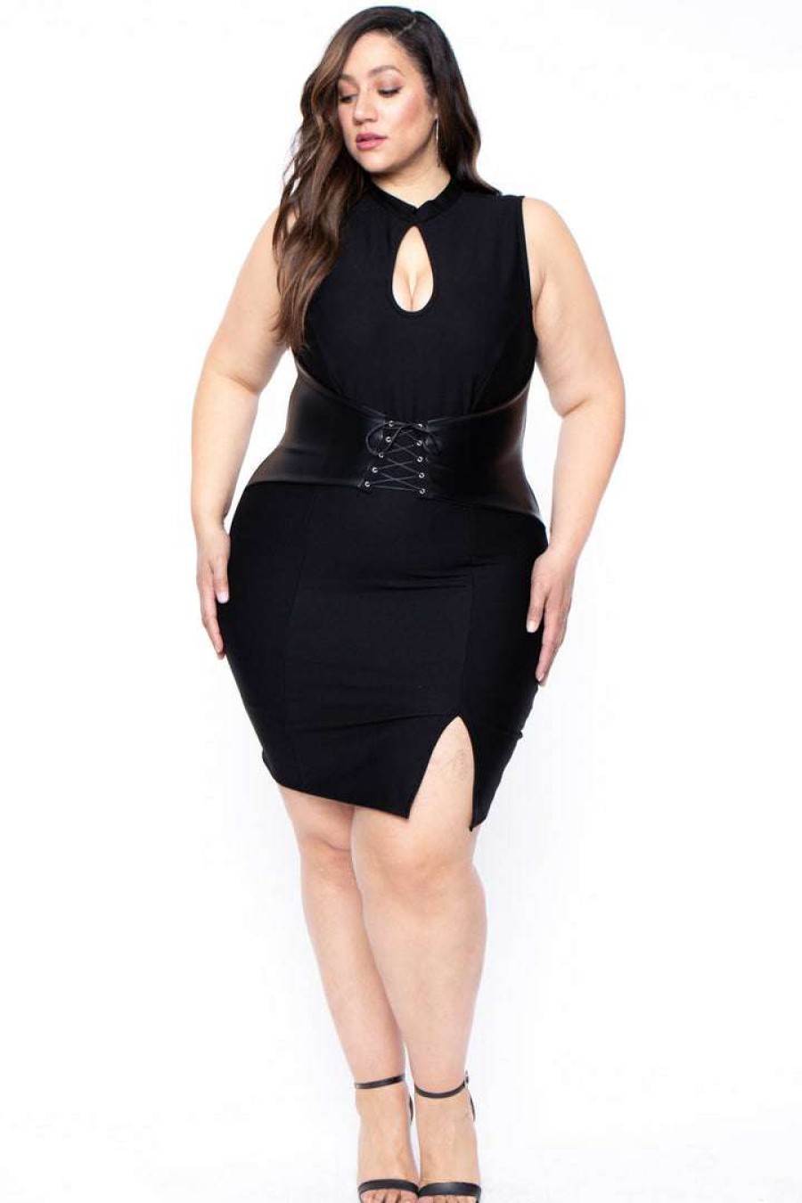 Dresses * | Curvy Sense Plus Size Waist Snatcher Bodycon Dress Back In Stock Black