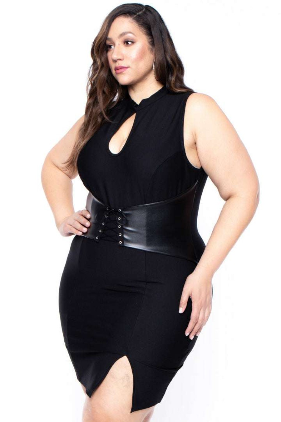 Dresses * | Curvy Sense Plus Size Waist Snatcher Bodycon Dress Back In Stock Black