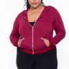 Sets * | Curvy Sense Essential Mix Plus Size Essential Cropped Zip-Up Hoodie Burgundy