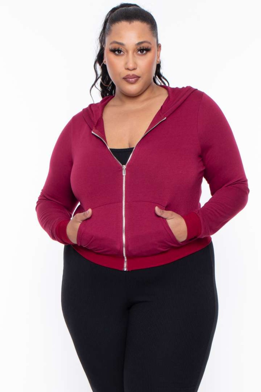 Sets * | Curvy Sense Essential Mix Plus Size Essential Cropped Zip-Up Hoodie Burgundy