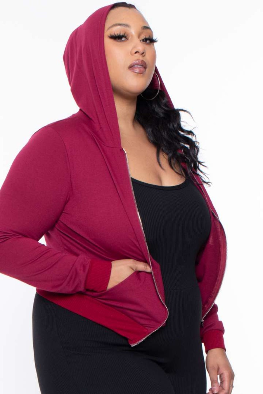 Sets * | Curvy Sense Essential Mix Plus Size Essential Cropped Zip-Up Hoodie Burgundy