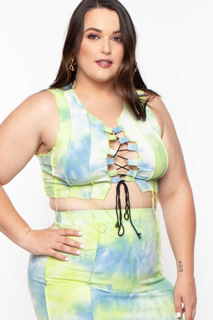 Sets * | Highlight Matching Sets Plus Size Tie Dye Exposed Seam Lace Up Crop Top & Skirt Set Green