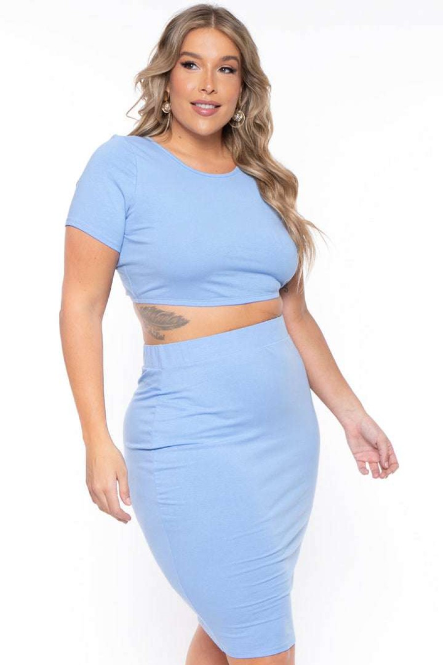 Sets * | Curvy Sense Plus Size Jane Crop Top And Skirt Matching Set New Arrivals Blue