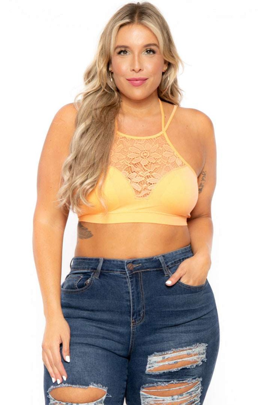 Tops * | Zenana Plus Size Lace Trim Bralette New Arrivals Peach