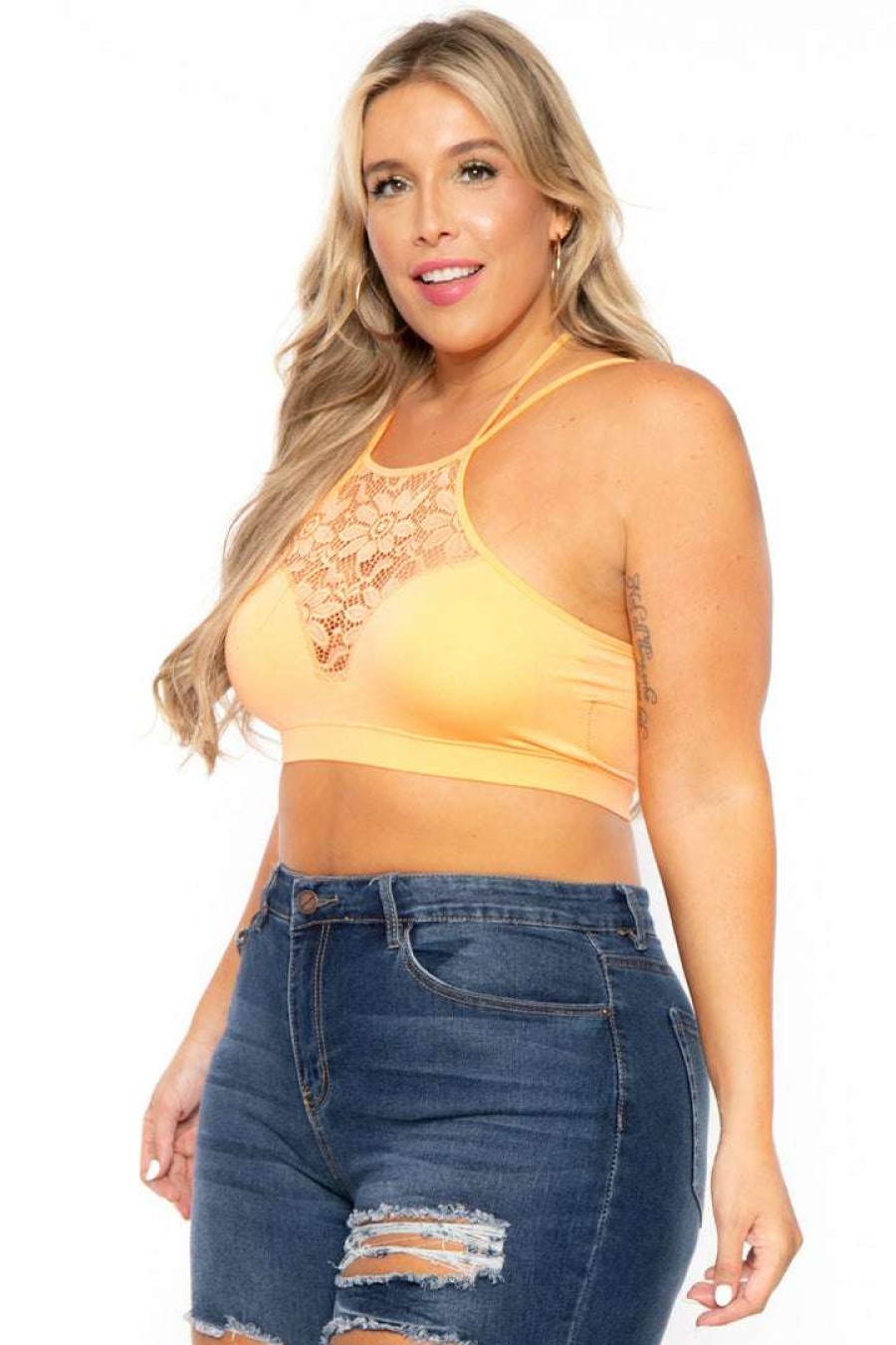 Tops * | Zenana Plus Size Lace Trim Bralette New Arrivals Peach