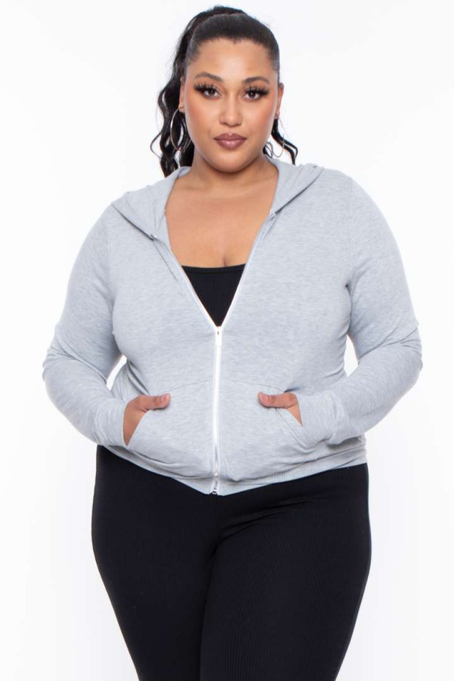 Sets * | Curvy Sense Essential Mix Plus Size Essential Cropped Zip-Up Hoodie Heather Grey