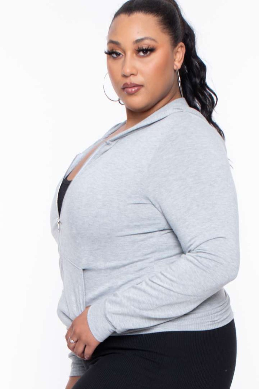 Sets * | Curvy Sense Essential Mix Plus Size Essential Cropped Zip-Up Hoodie Heather Grey