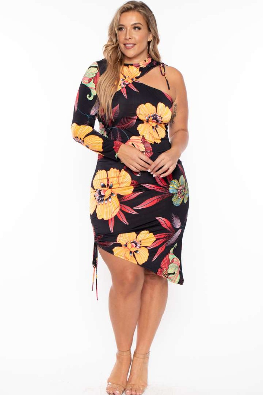 Dresses * | Bluebell Plus Size Cutout Floral Ruched Dress Back In Stock Black