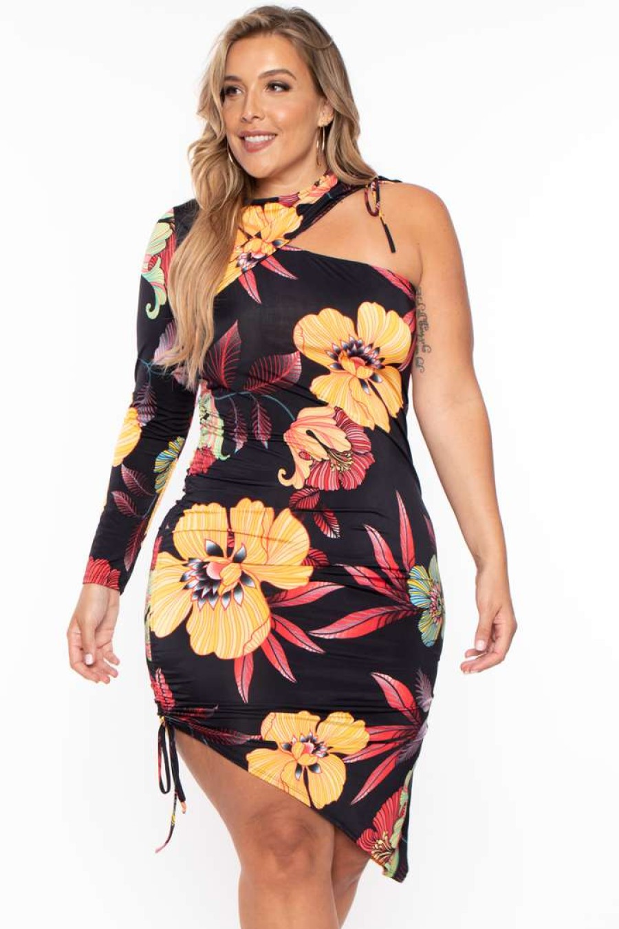 Dresses * | Bluebell Plus Size Cutout Floral Ruched Dress Back In Stock Black