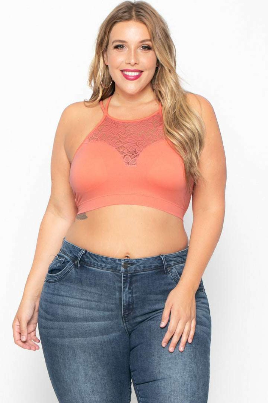 Tops * | Zenana Tops Plus Size Lace Trim Bralette Coral