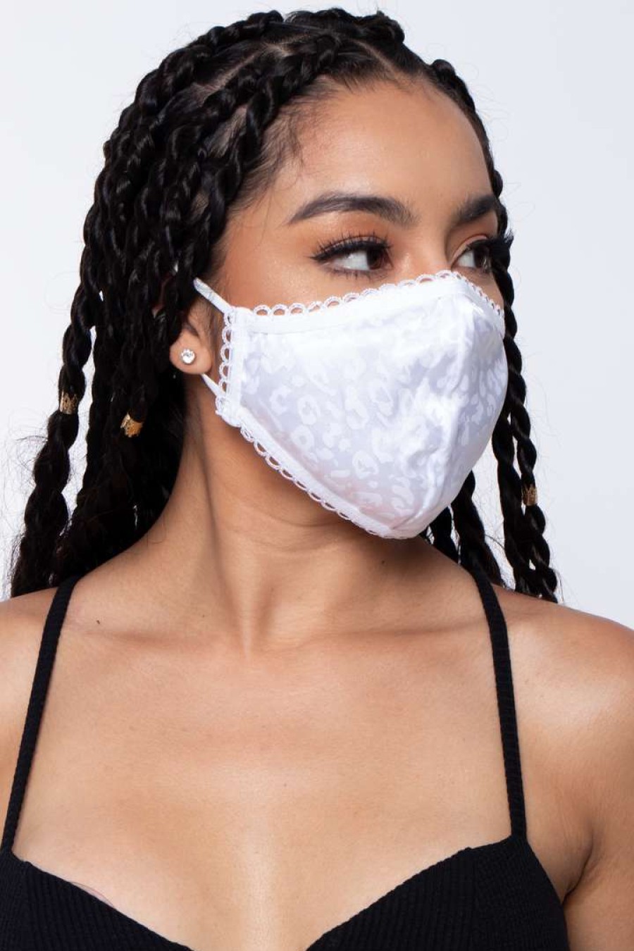 Accessories * | Curvy Sense Washable Dual-Layer Lace-Trimmed Leopard Satin Face Mask Face Masks White