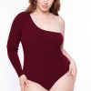 Sets * | Curvy Sense Plus Size Essential Ribbed Asymmetric Bodysuit Essential Mix Burgundy