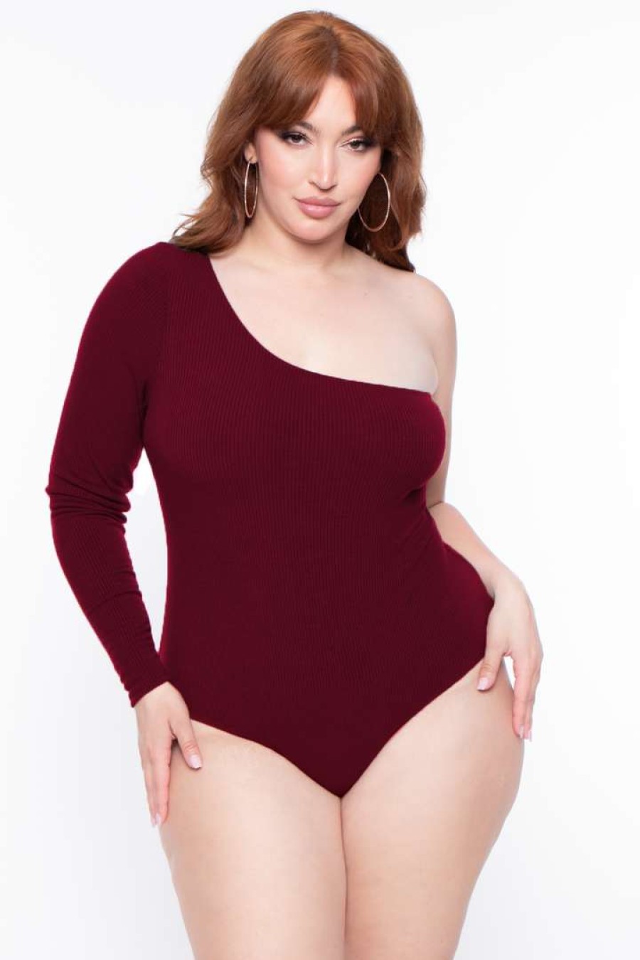 Sets * | Curvy Sense Plus Size Essential Ribbed Asymmetric Bodysuit Essential Mix Burgundy