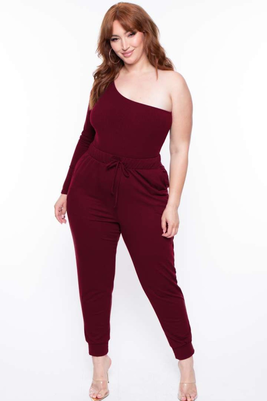 Sets * | Curvy Sense Plus Size Essential Ribbed Asymmetric Bodysuit Essential Mix Burgundy