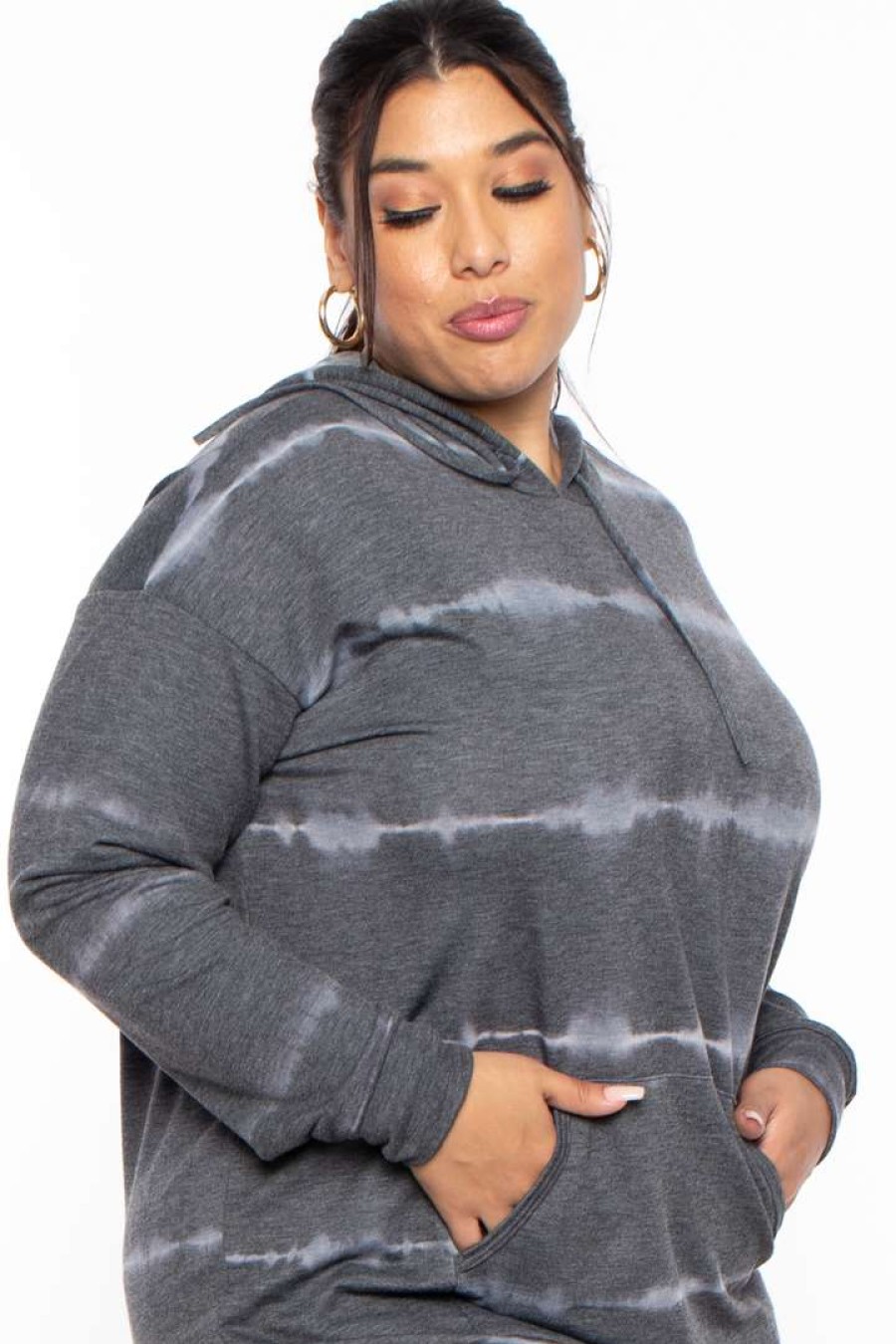 Dresses * | Curvy Sense Plus Size Roma Tie-Dye Hoodie Dress Charcoal