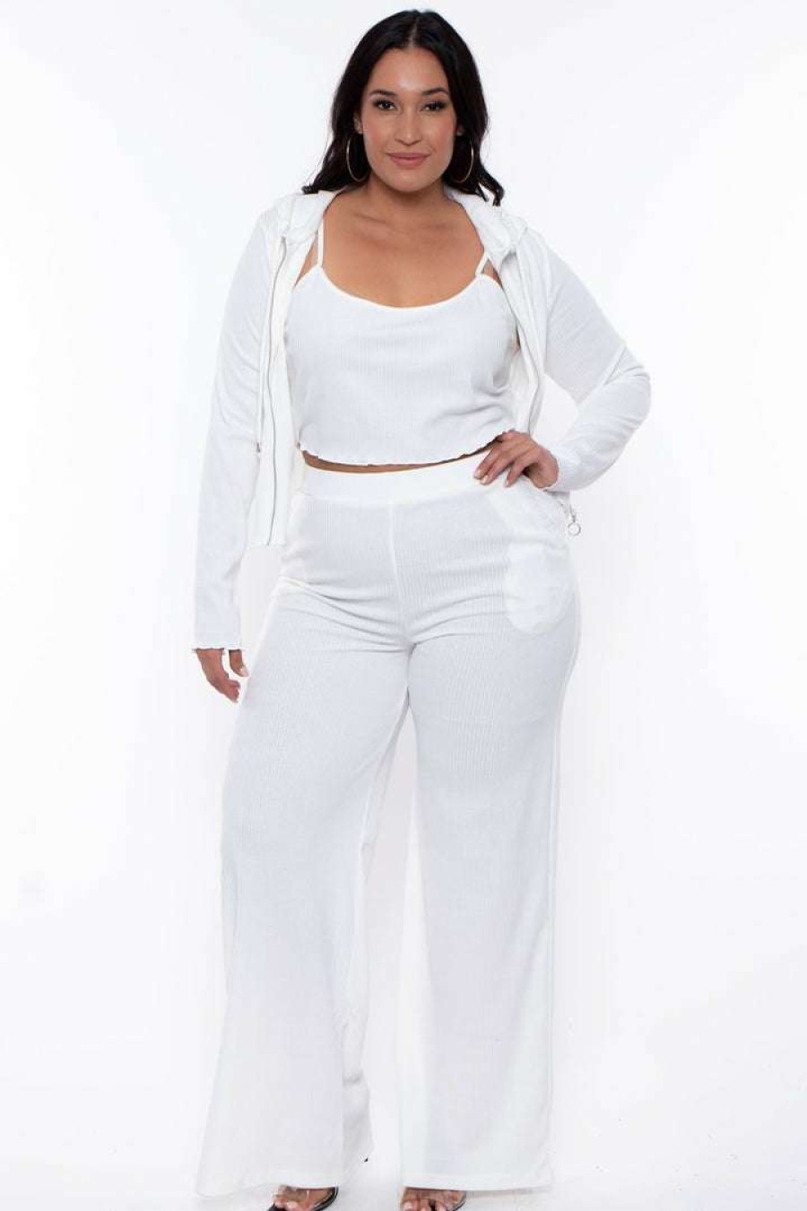 Sets * | Rosevelvet Plus Size Ribbed Hoodie Cami And Jogger Set Ivory