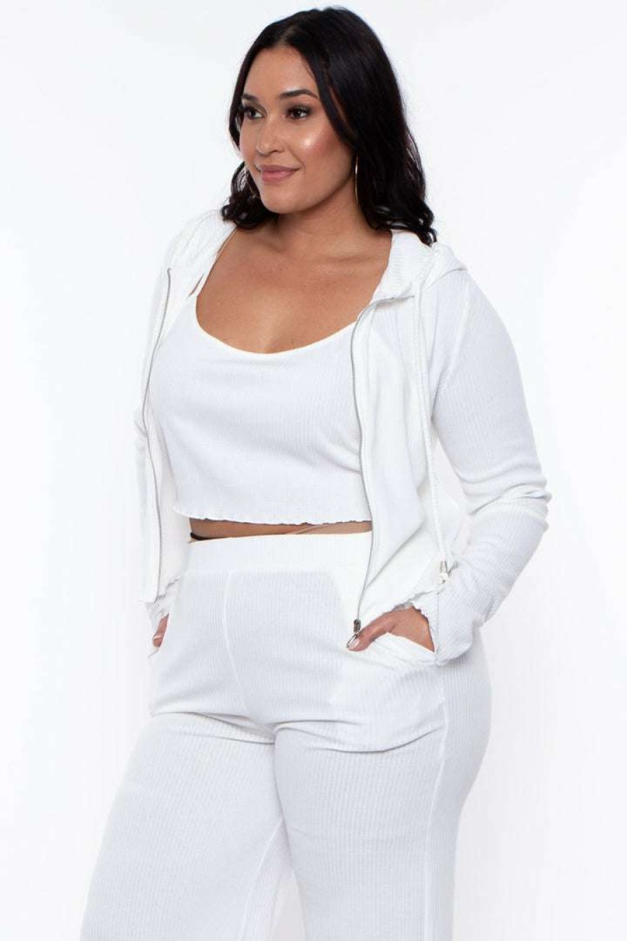 Sets * | Rosevelvet Plus Size Ribbed Hoodie Cami And Jogger Set Ivory