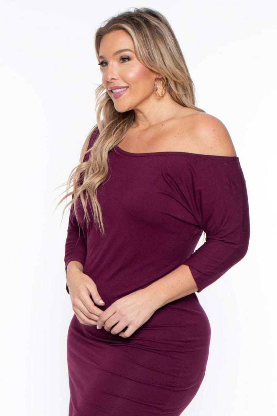 Dresses * | Curvy Sense Plus Size Asymmetric Knit Dress Dresses Burgundy