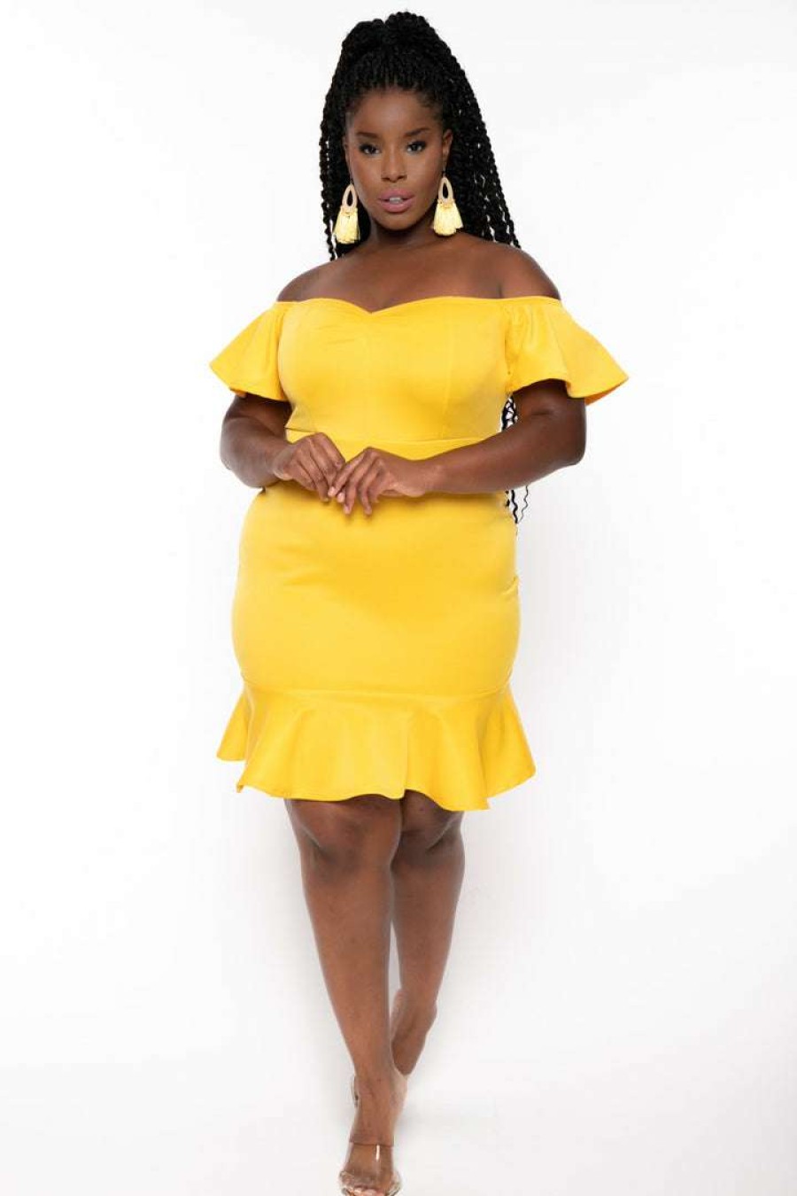 Dresses * | Curvy Sense New Arrivals Plus Size Amika Ruffle Hem Dress Yellow