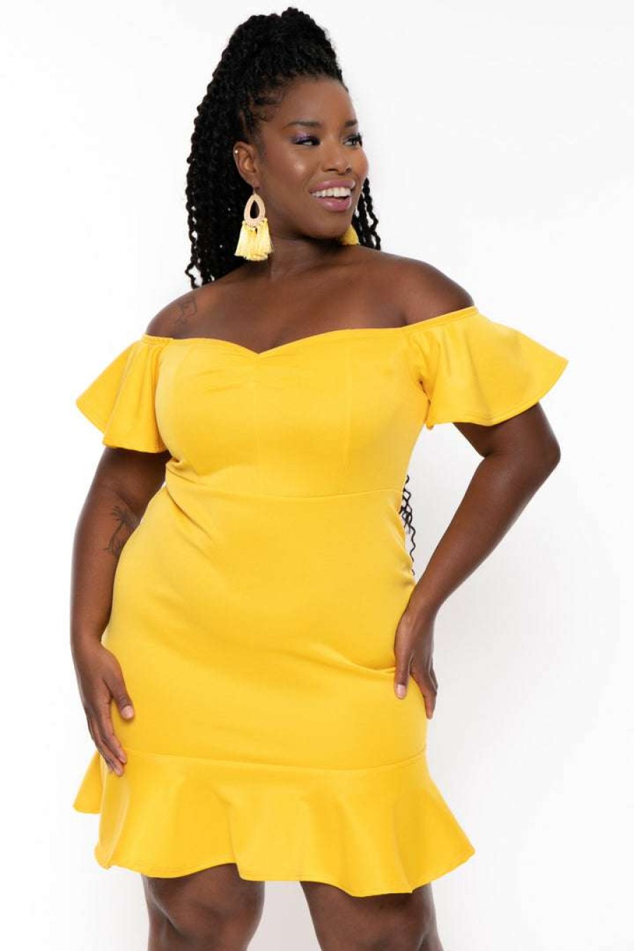 Dresses * | Curvy Sense New Arrivals Plus Size Amika Ruffle Hem Dress Yellow