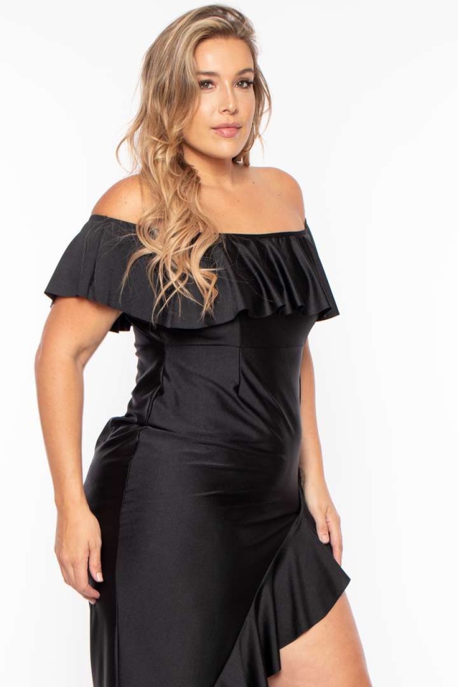 Dresses * | Curvy Sense Back In Stock Plus Size Samba Frill Bodycon Dress Black