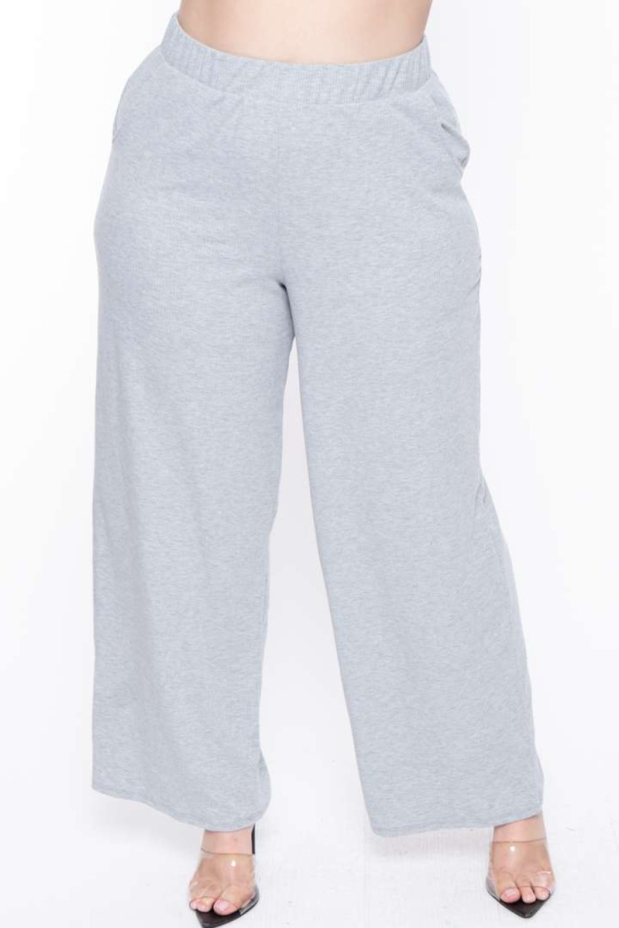 Sets * | Curvy Sense Essential Mix Plus Size Essential Ribbed Flare Pants -Heather Gray Heather Grey