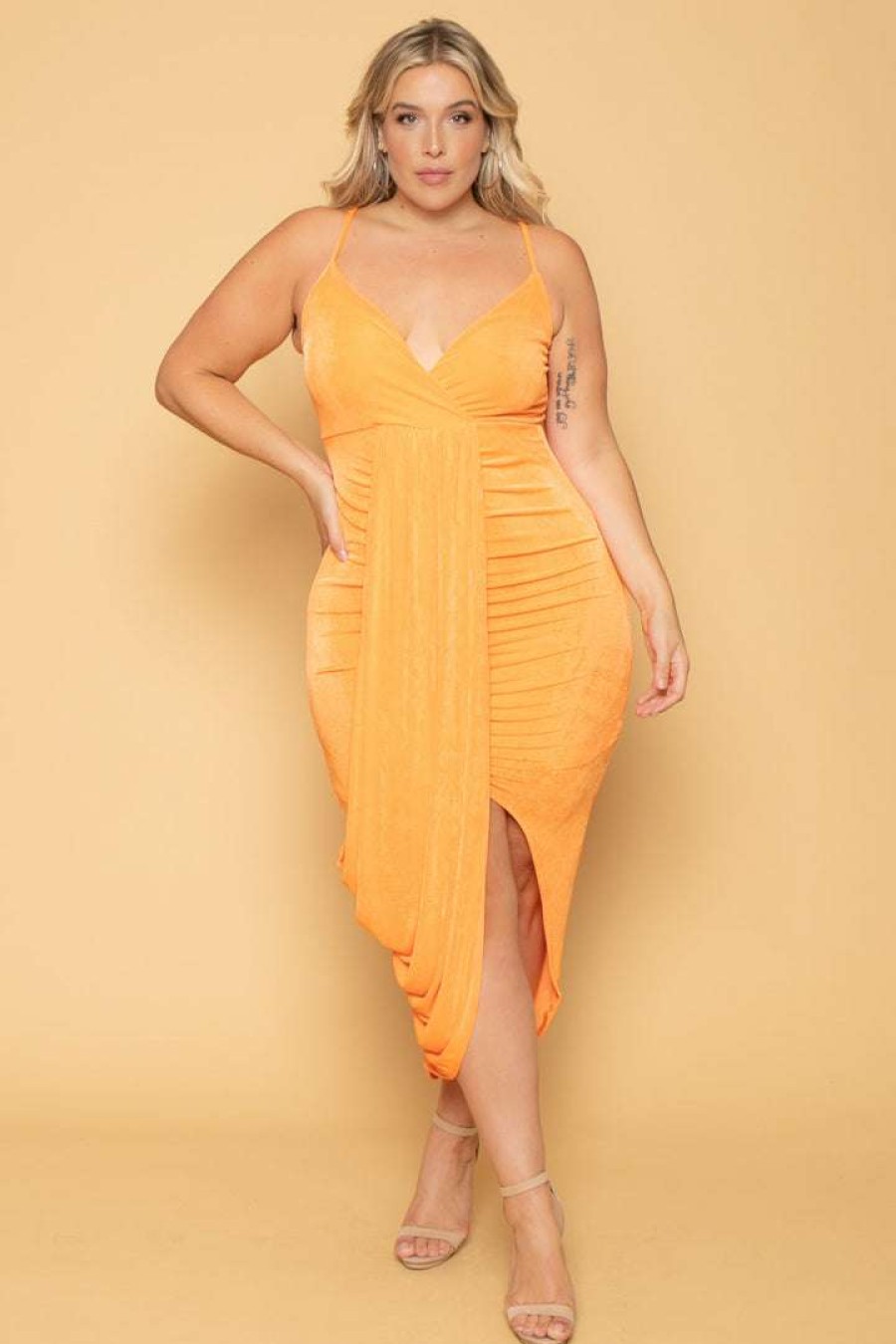 Dresses * | Curvy Sense Plus Size Sunkissed Slinky Bodycon Dress Orange