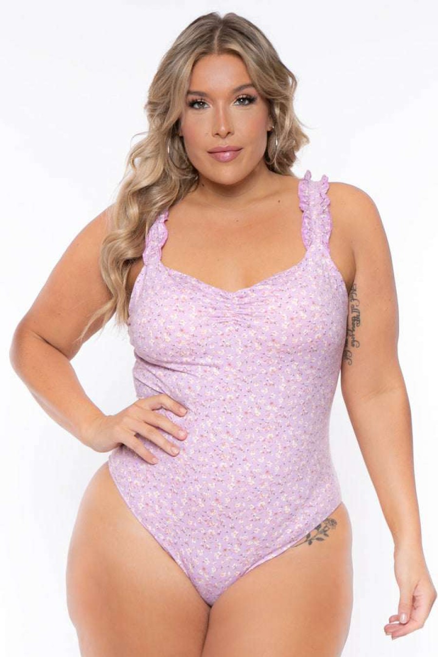 Tops * | Haute Monde Plus Size Ana Floral Bodysuit New Arrivals Lavender