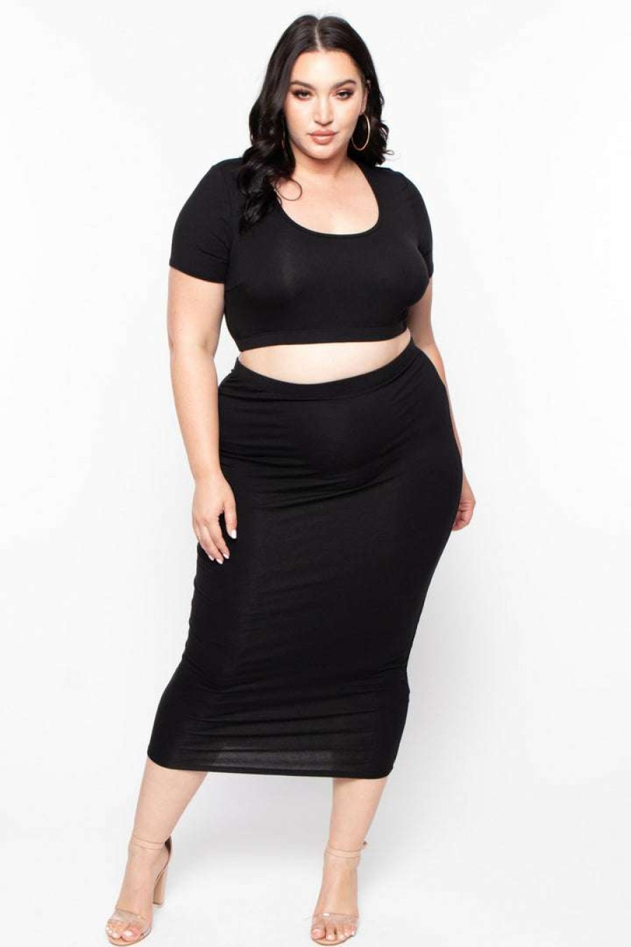 Sets * | Curvy Sense Little Styles Plus Size Carmen Top & Skirt Matching Set Black