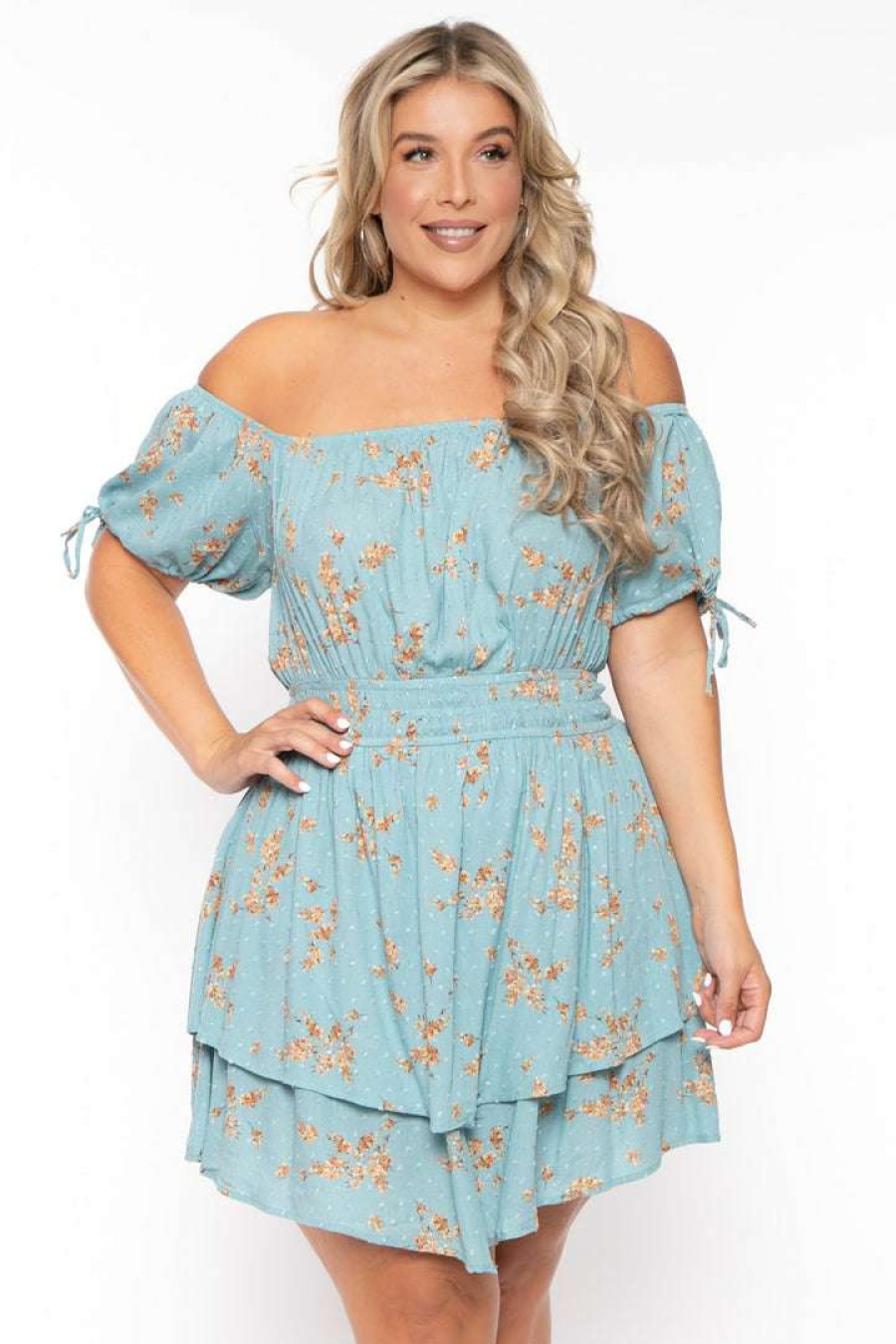 Dresses * | Curvy Sense New Arrivals Plus Size Floral Sienna Swiss Dot Dress Turquoise