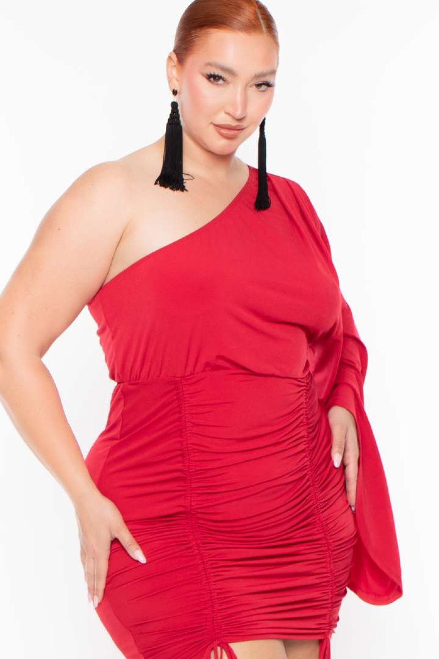 Dresses * | Curvy Sense Plus Size Holly One Shoulder Dress Red