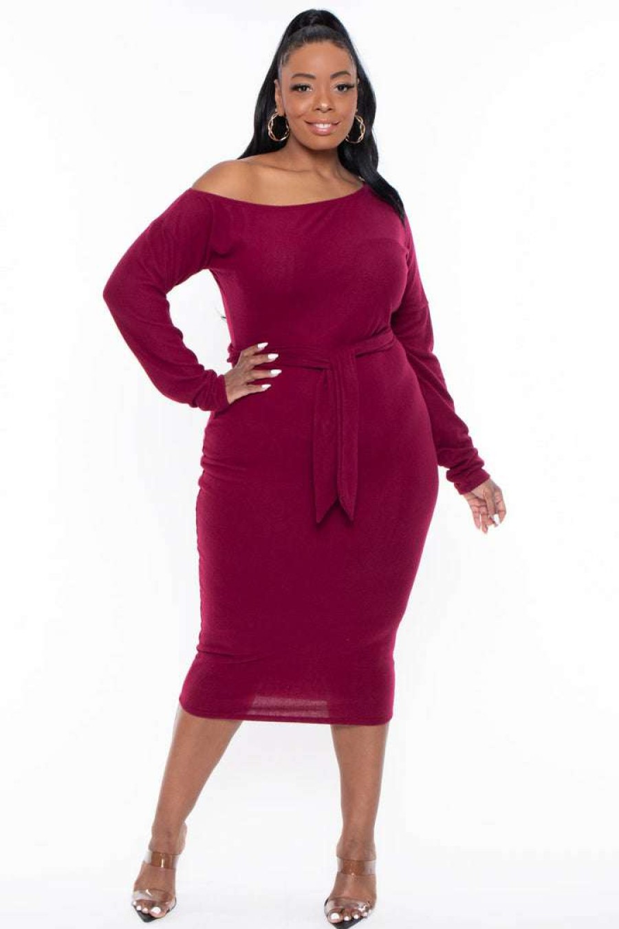 Dresses * | Curvy Sense Dresses Plus Size Vivien Asymmetric Off The Shoulder Dress Burgundy