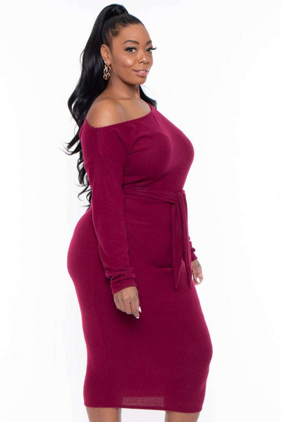 Dresses * | Curvy Sense Dresses Plus Size Vivien Asymmetric Off The Shoulder Dress Burgundy