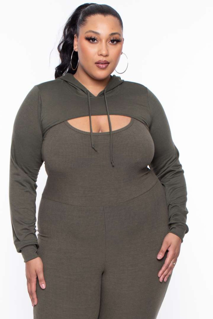 Sets * | Curvy Sense Plus Size Essential Cut Out Hoodie Olive