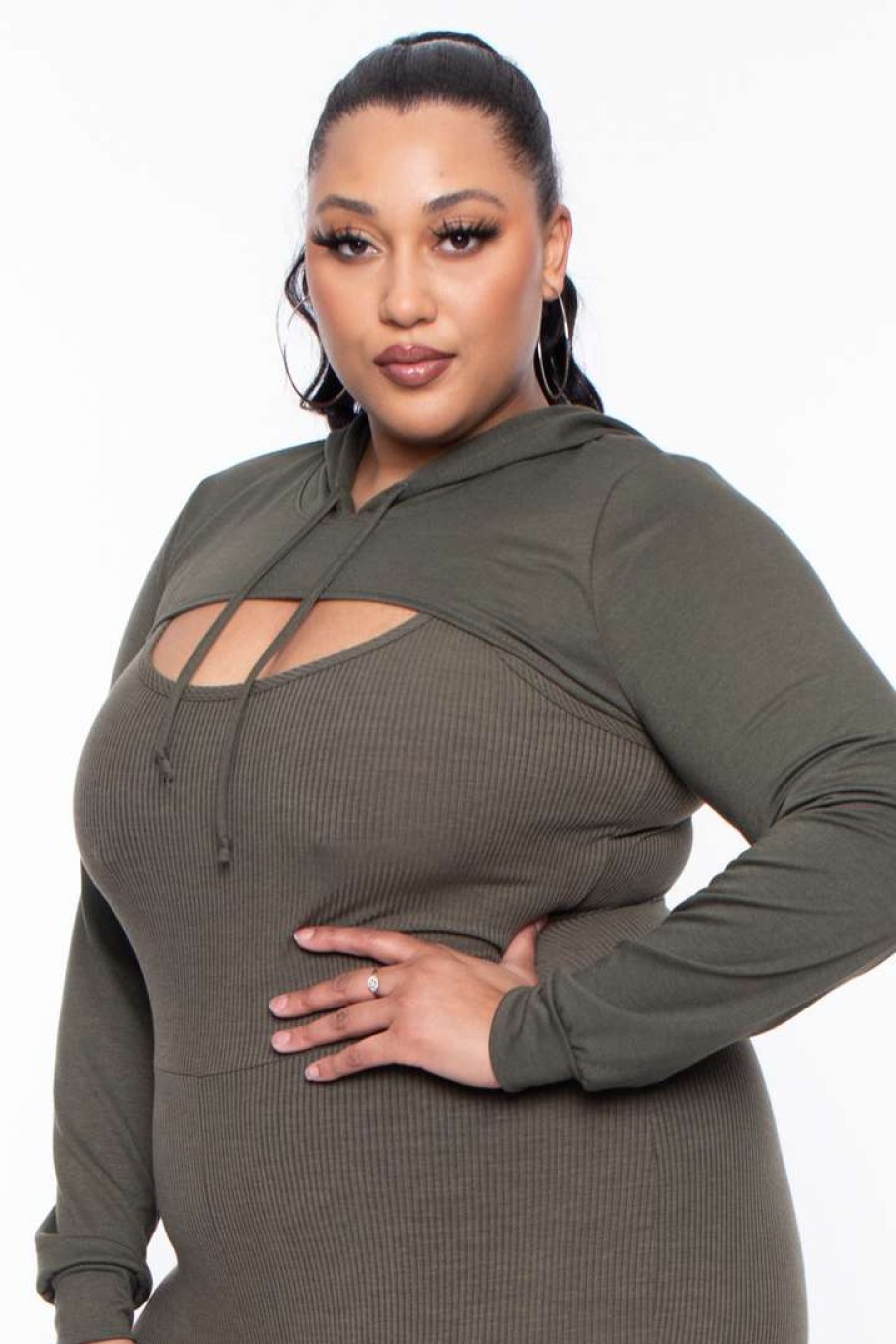 Sets * | Curvy Sense Plus Size Essential Cut Out Hoodie Olive