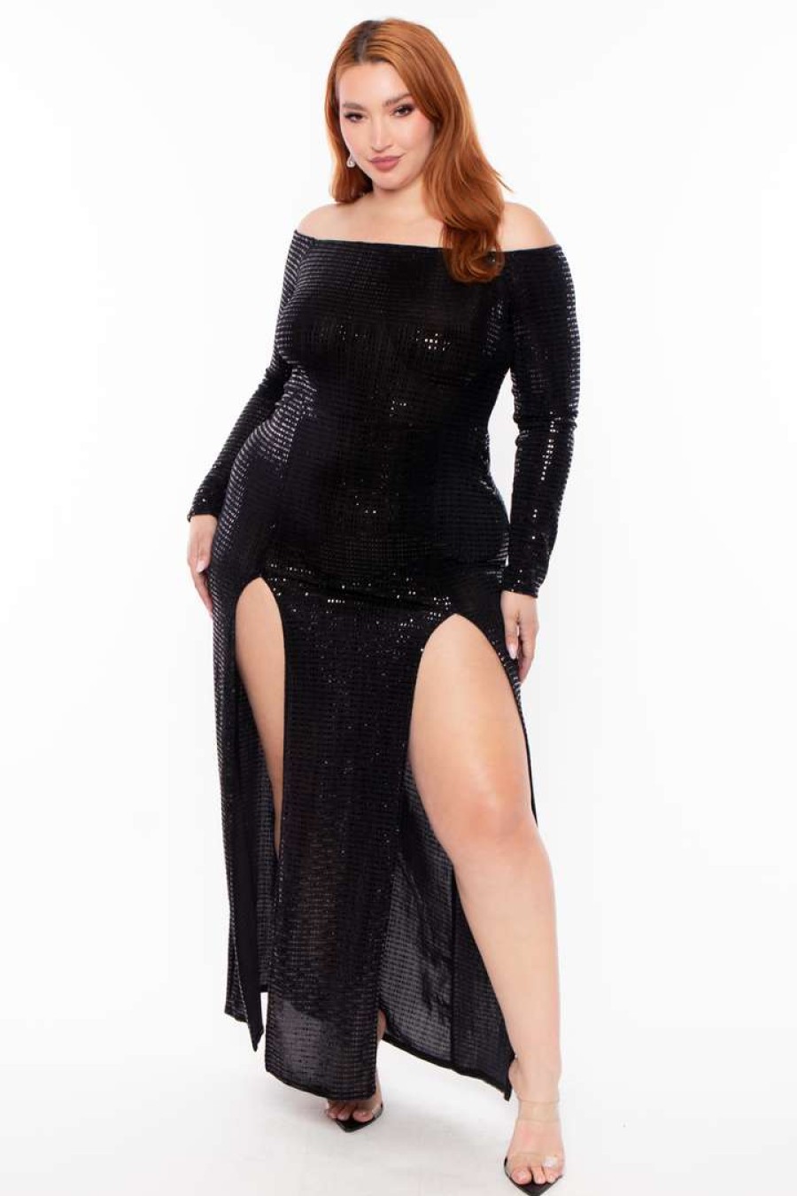 Dresses * | Curvy Sense Party Shop Plus Size Hannah Sequins Slit Dress Black