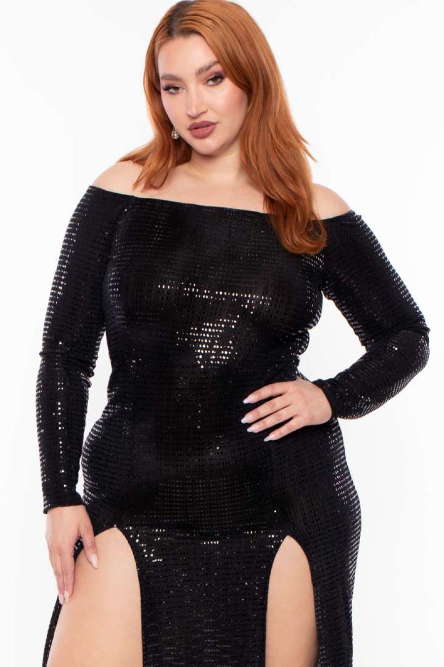 Dresses * | Curvy Sense Party Shop Plus Size Hannah Sequins Slit Dress Black