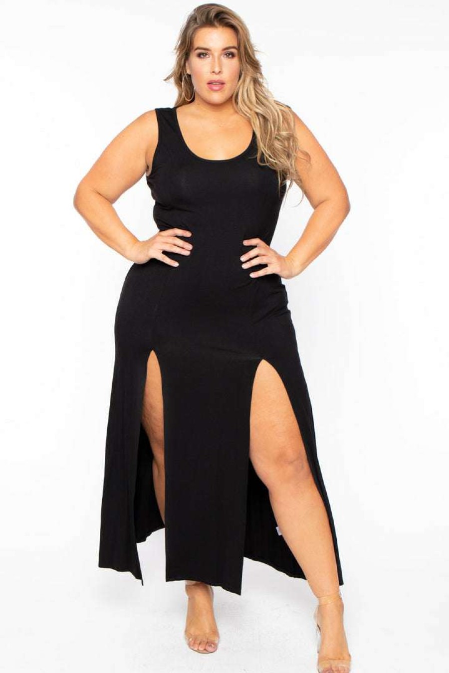 Dresses * | Curvy Sense Plus Size Melly M-Slit Dress Black