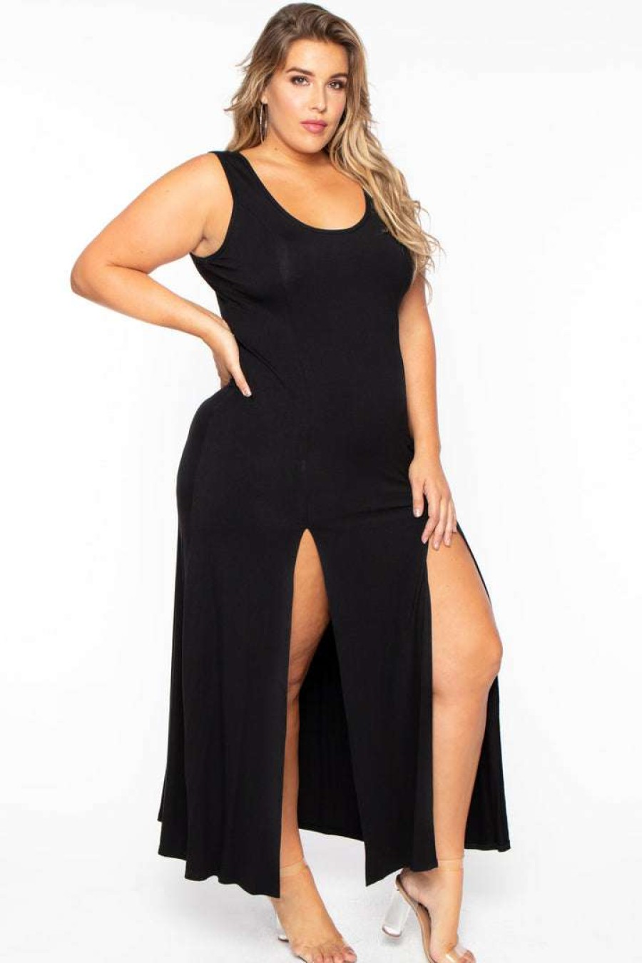 Dresses * | Curvy Sense Plus Size Melly M-Slit Dress Black