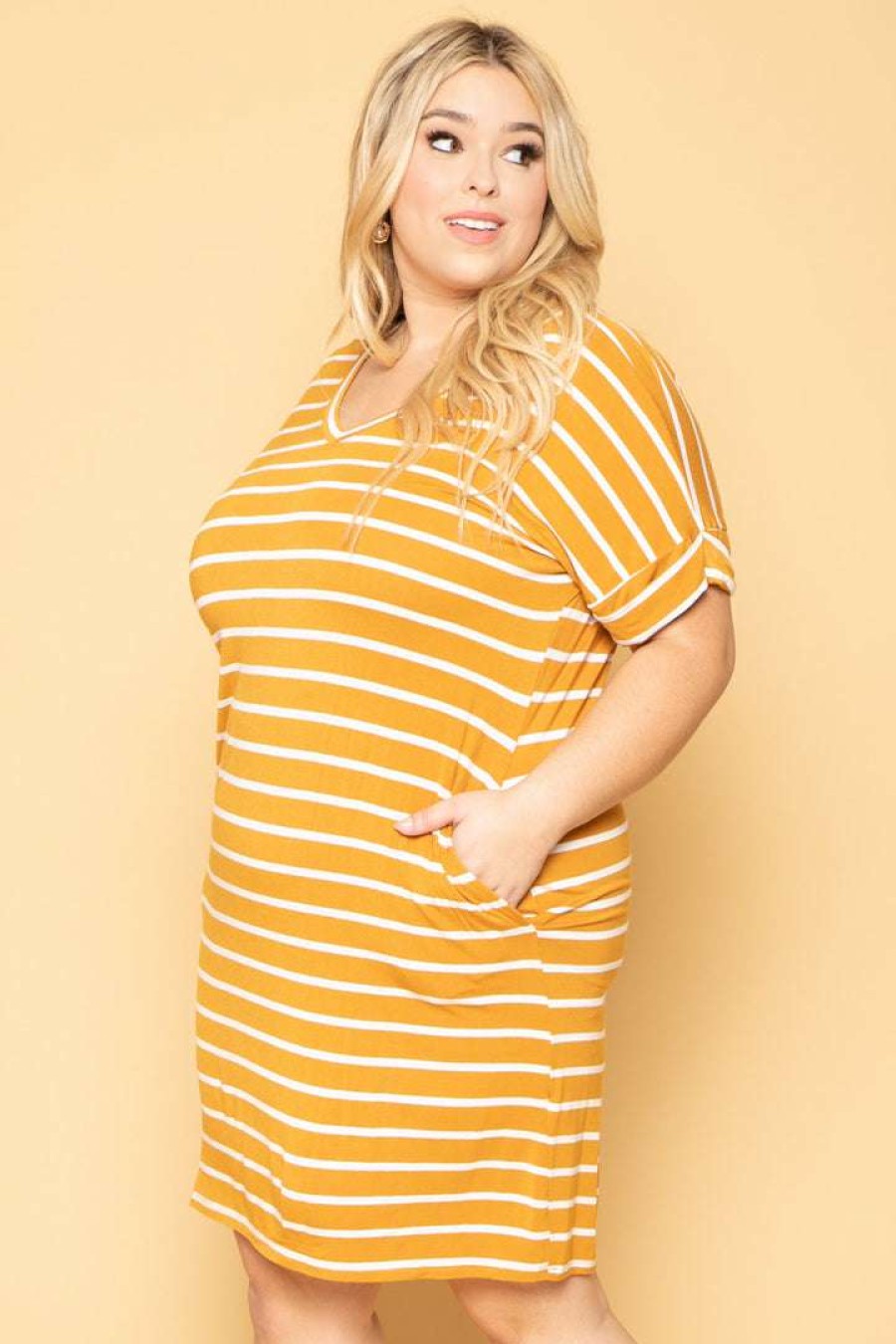 Dresses * | Zenana Plus Size Striped Basic T-Shirt Dress Mustard